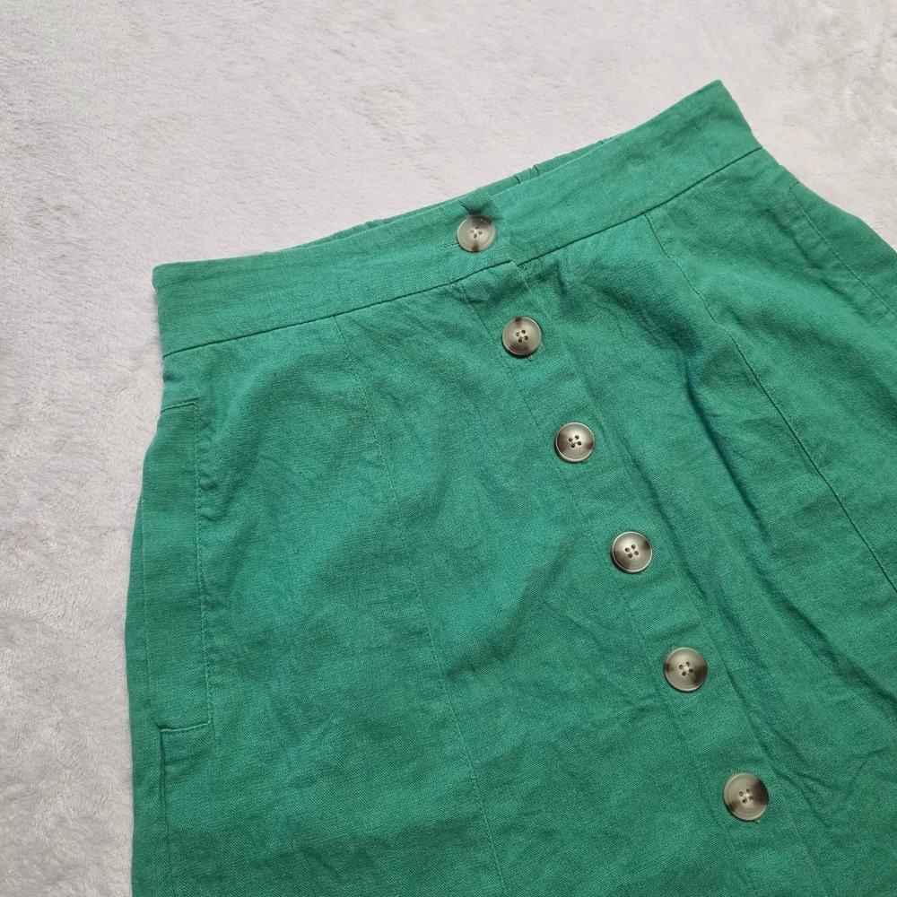 Cottagecore Boho Green Linen Blend Button Front A Line Midi Skirt XS Coastal - Picture 2 of 7